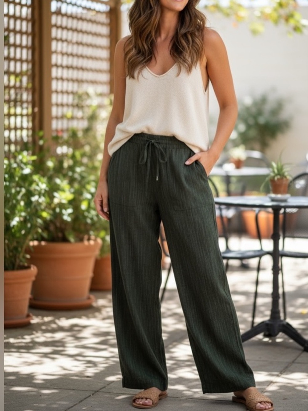 Athleta Retreat Wide-Leg Linen Pants Size XS Deep Green Pull On Minimalist
